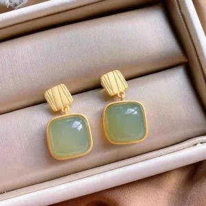 Exaggerated Imitation Jade Green Stone Square Drop Earrings For Women Jewelry Brincos Boho Gift 1