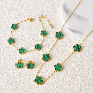 Hot Selling Plum Blossom Plant Five Leaf Flower Jewelry Set Bracelet Necklace Earrings Women Stainless Steel High Quality Clover 3