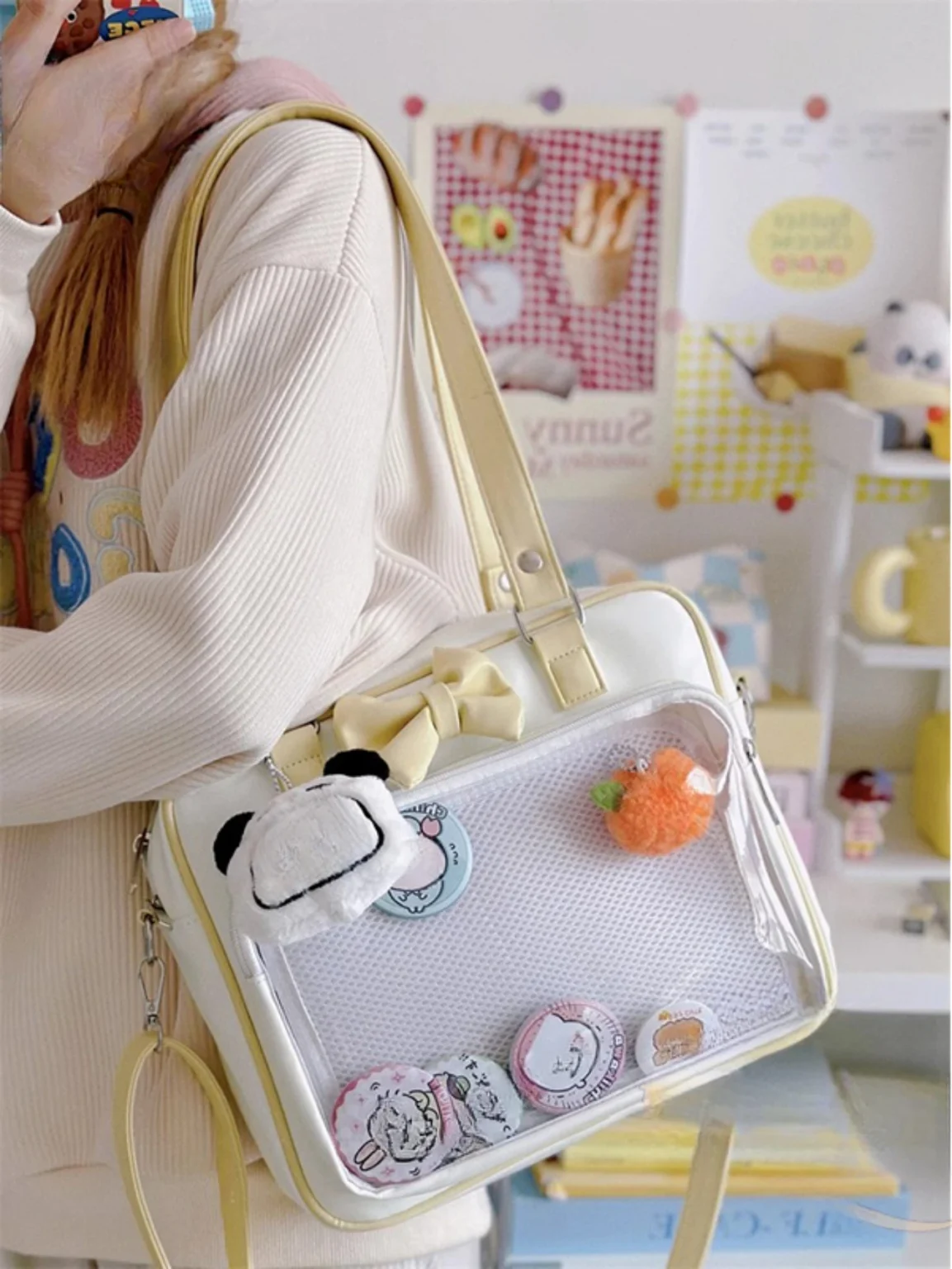 Japanese Style Kawaii PU Leather Itabag Women Transparent Pocket Bowknot Lolita Shoulder Bag Tote Handbags Women Ita Bag JK Girl 4