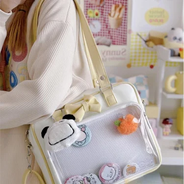 Japanese Style Kawaii PU Leather Itabag Women Transparent Pocket Bowknot Lolita Shoulder Bag Tote Handbags Women Ita Bag JK Girl 4