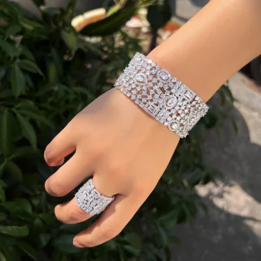 CWWZircons Luxury Chunky Cubic Zirconia Inlay Wide Big Open Cuff Bangle and Ring Dubai Wedding Bridal Party Jewelry Sets T749 2