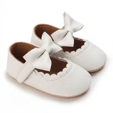 Baby Girl White Baptism Shoes Infant Toddler Bowknot Non-slip Rubber Soft-Sole Flat PU First Walker Newborn Bow Decor Mary Janes 3