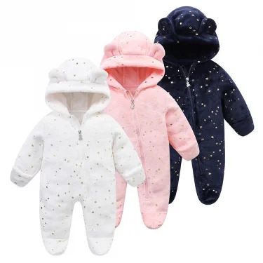 OLEKID Autumn Winter Newborn Baby overalls Plus Velvet Hooded Kids Baby Girl Rompers 0-1 Years Toddler Boy Jumpsuit Outfits 1