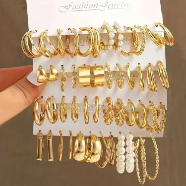 Boho Big Circle Hoop Earring Set for Women, Gold Color Bohemia Vintage Pearl Earring Heart Zircon Ear Studs Jewelry Gifts 1