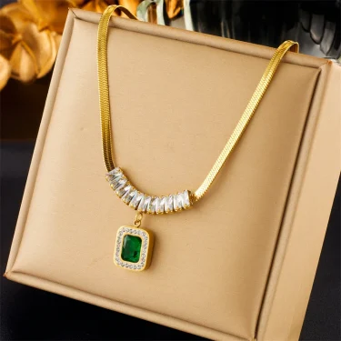 DIEYURO 316L Stainless Steel Luxury Non-fading Square Green Crystal Zircon Pendant Necklace Earrings Jewelry Set For Women Gifts 3