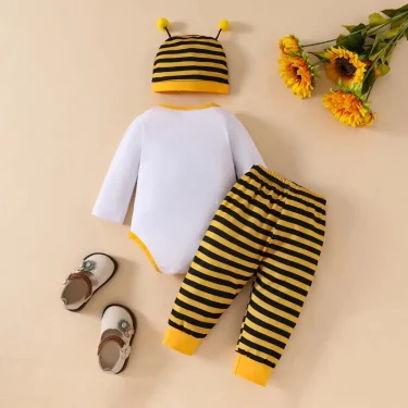 3Pcs Cute Boys Baby Girls Baby Set Long Sleeve Bee Letter Bodysuit Onesies Striped Pants Hat Set Newborn Baby Clothes 0-18Months 2