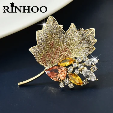 Rinhoo Full Zircon Double Red Plant Leaves Maple Brooches For Women Crystal Leaf Buckle Pins Badge Party Jewelry Gift 1