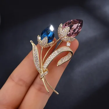Ladies Novelty Retro Twin Flower Brooch High-grade Women's Exquisite Crystal Flower Corsage Anti-slip Pin Suit Accessories 1