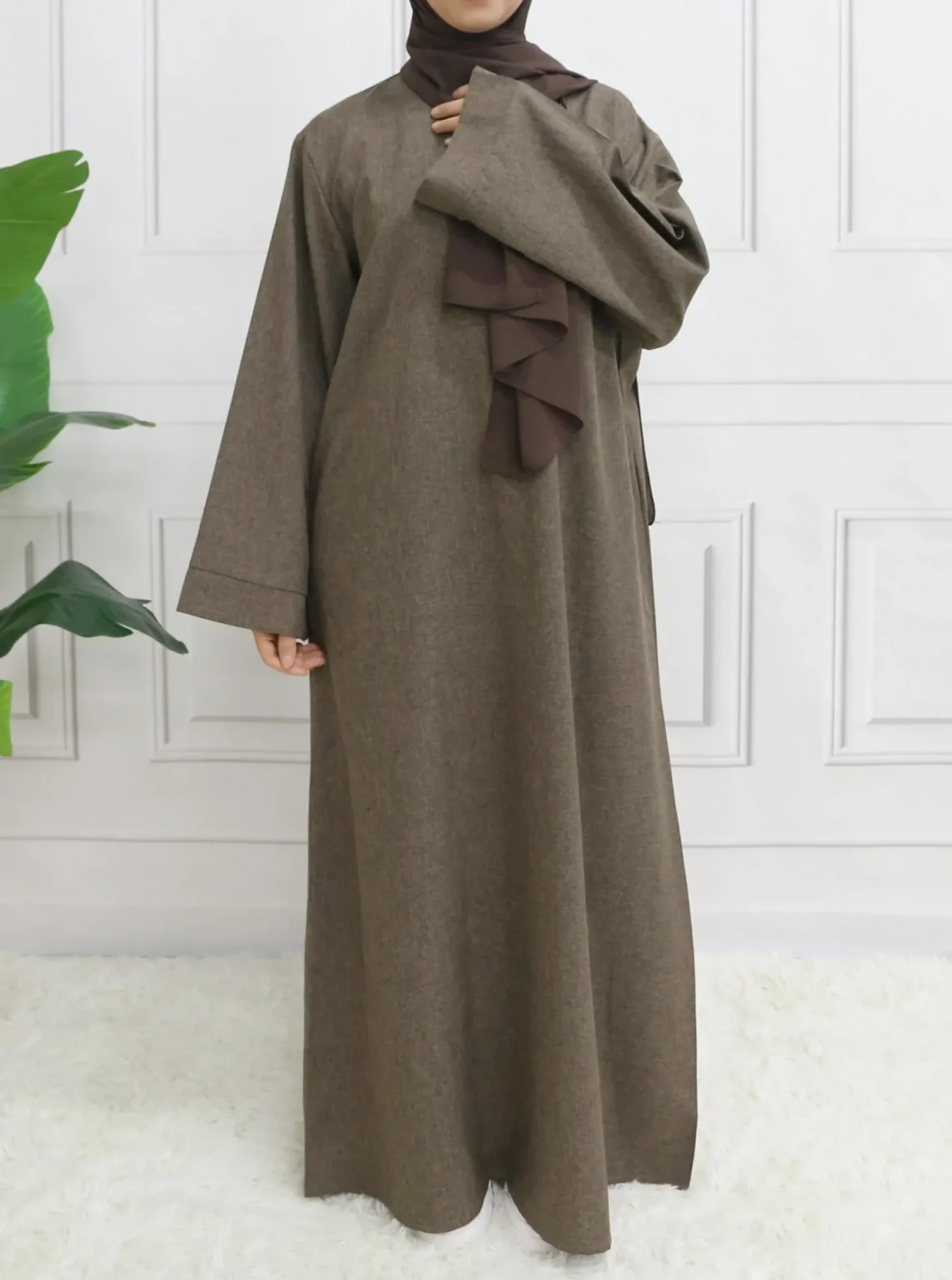 Modest Closed Plain Long Sleeve Abaya Without Hijab With Belt Basic Islamic Eid Clothes Dress 1