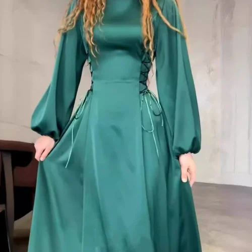 Siskakia Fashion Dubai Solid Plain Women Puff Sleeve Long Dress Draw String At Waist O Neck Abayas Turkish Saudi Party Clothing 1