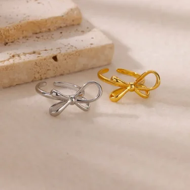 Stainless Steel Bow Knot Opening Rings For Women Cute Gold Plated Geometric Adjustable Ring Simple Jewelry Accesorios anillos 4