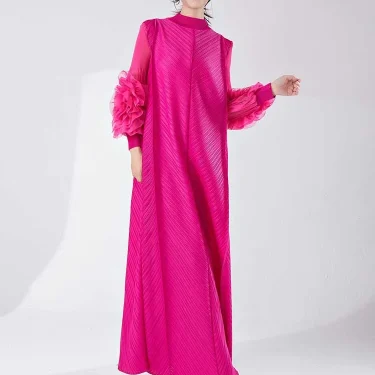 LANMREM Long Pleated Dress With Ruffles Sleeves Loose Solid Color Stitching Female Party Clothing Summer New Clothes 2DA5900 5