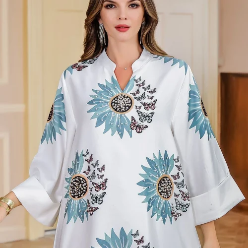 Siskakia Ramadan Dubai Floral Print Luxury Abaya Woman Evening Dress Folds Sleeve Moroccan Caftan Woman 1