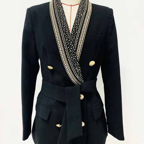 HIGH STREET Newest 2024 Stylish Designer Jacket Women's Metal Sheets Beading Belted Shawl Collar Blazer 1