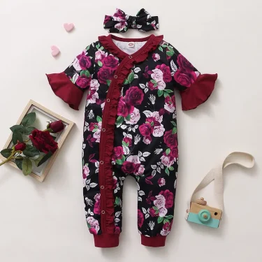 0-18Months Newborn Baby Girls Gorgeous Rose Floral Ruffle Short Sleeve Jumpsuit + Headband Toddler Baby Girl Festival Costumes 1