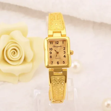 Gold/Silver Women Vintage Luxury Watches Elegant Quartz Fashion Rectangle Dial Watch Carved Pattern Bracelet Casual WristWatches 2