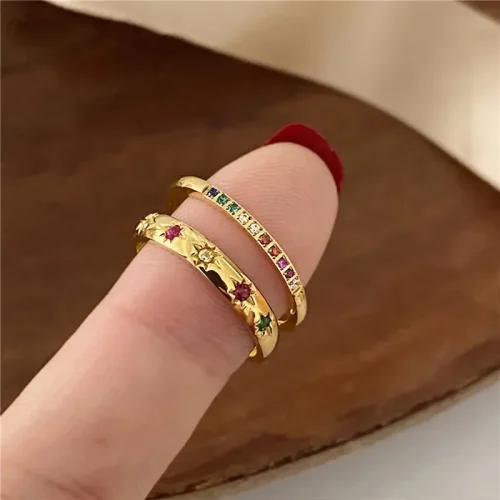 2PCS/Set Stainless Steel Rainbow Color Cubic Zircon Stone Finger Rings for Women INS Gold Color Waterproof Stars Ring Jewelry 1