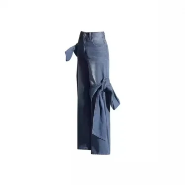 Europe and The United States New Spring Jeans Washed Make Old Patchwork Bow Wide Leg Pants Design Sense Long Jeans for Women 4