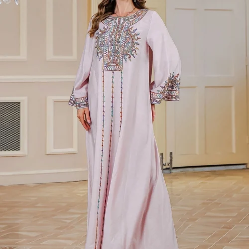 Siskakia Muslim Rope Embroidery Abaya For Woman With Beading O-Neck Elegant Casual Moroccan Saudi Loose Kaftan Dubai Robe 1