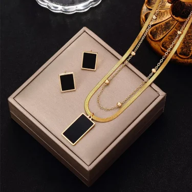 Luxury Stainless Steel Multi-layer Geometric Square Pendant Necklace Earrings for Women Girl Snake Bone Fat Chain Jewelry Set 5