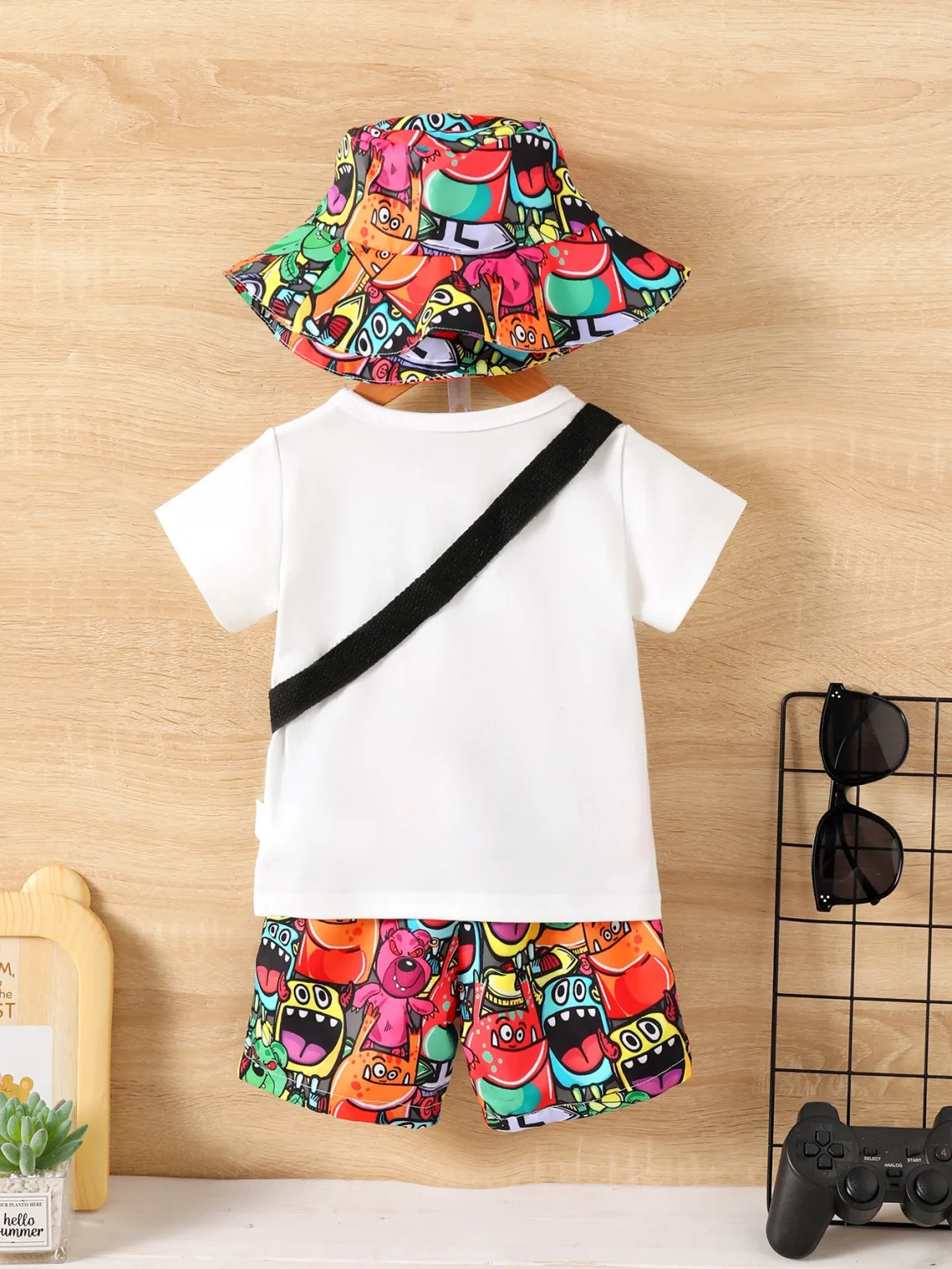 Baby Boys Summer Fashion Funny Four-Piece Pure White T-Shirt Top Cartoon Monster Print Straddle Bag Pocket Pants Sunscreen Hat 2