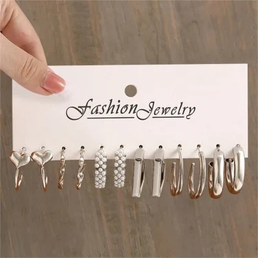 6pcs/set Silver Color Geometric Pearl Twist Hoop Earrings For Women Vintage Metal Heart Circle Earrings Wedding Fashion Jewelry 2