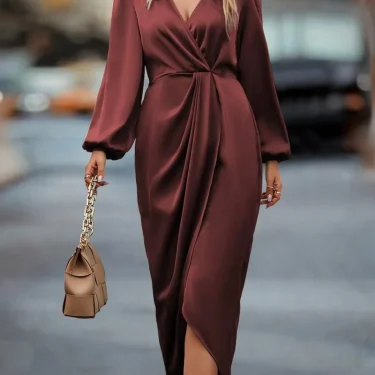 2023 Autumn and Winter New European and American Fashion Solid Color Waist Slit V-Neck Long Sleeve Dress for Women long dresses 1