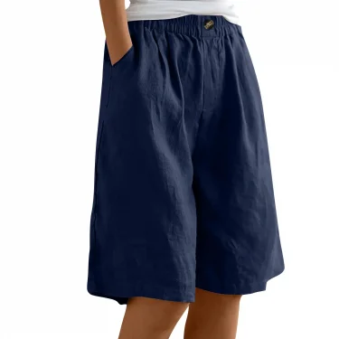 Women's Fashion Solid Color Pants Pocket Button Up Capris Loose Elastic Waist Cotton Linen Shorts 4