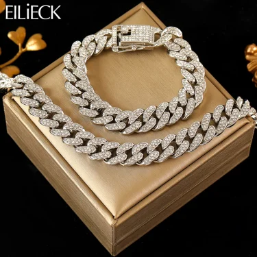 EILIECK Silver Color Thick Cuban Necklace Bracelet Set For Women New Punk Zircon Chain Waterproof Jewelry Party Gift Bijoux 1