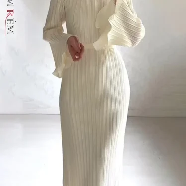 LANMREM Elegant Pleated Dress Women Round Neck Belt Gathered Waist Solid Color Long Dresses Party Spring New 32C330 1