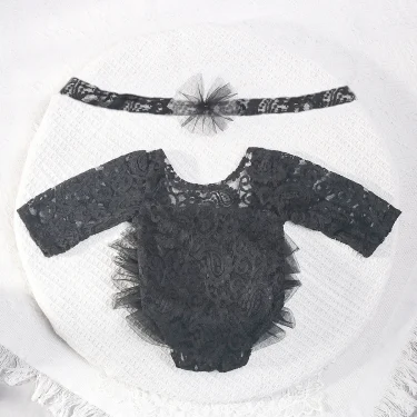 Ylsteed 2 Pieces Set Dusty Pink Newborn Lace Romper for Photo Shooting Fluffy Mesh Lace Photography Outfits with Headband 4