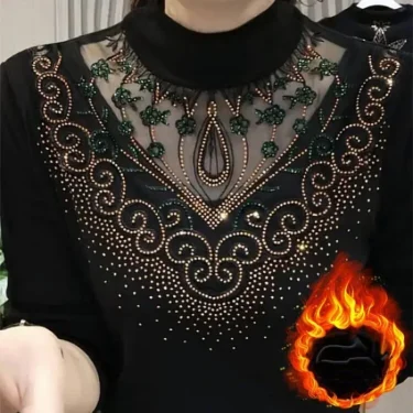 2023 Autumn and Winter Women's Pullover Half High Neck Lace Hollow Out Rhinestone Slim Underlay Fashion Casual Long Sleeve Tops 2