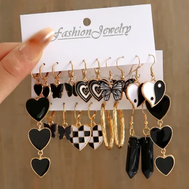 Fashion Black Heart Drop Earrings Set for Women Chessboard Ladies Love Tai Chi Temperament Earring 2023 Trendy Jewelry Gifts 1