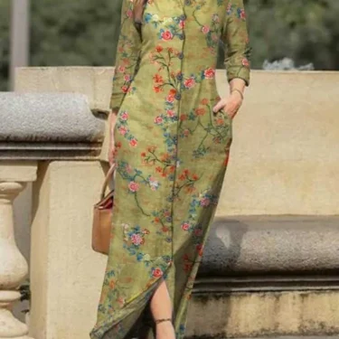 Vintage Flower Print Loose Shirt Dress Autumn Fashion Lapel Collar Button Dress Women Casual Long Sleeve Pocket Maxi Dresses 2