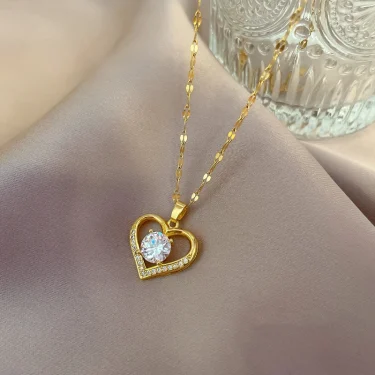 Gorgeous Heart Shape Simple Copper Inlaid Zirconia Pendant Necklace Women Men Fashion Stainless Steel Chain Anniversary Gift 2