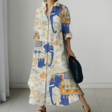 2023 Autumn New Printed Retro Skinny Dress Womens Senior Loose Casual Straight Long Novelty Mudman Printed Colorful Shirt Dresse 2
