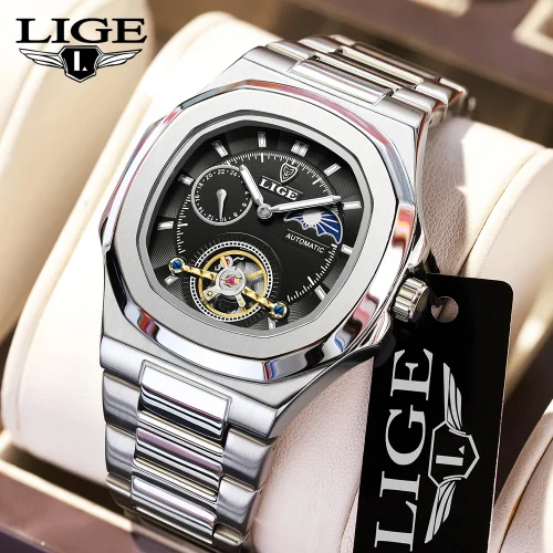 LIGE Dual Seconds Tourbillon Watch 24 Hour Mechanical Watch Men Stainless Steel Authentic Watch Night Glow Waterproof Mens Watch 1