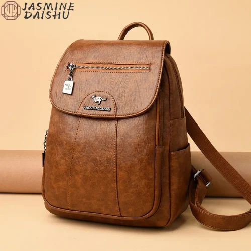 Women's Casual Backpack Soft Leather Fashion Shoulder Bag Retro Designer Girl's Schoolbag Travel Solid Color Backpacks 1