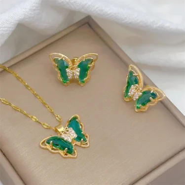 Fashion European and American Cute Micro-inlaid Butterfly Necklace Earrings Set Classic Light Luxury Transparent Stainless Steel 3