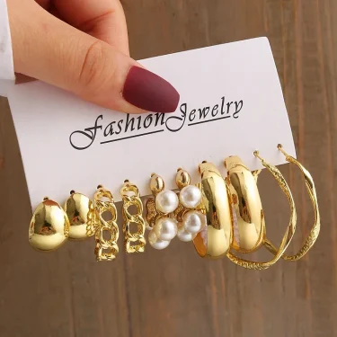 New Gold Color Vintage Geometry Pearl Earrings Set Metal Twine Square Dangle Earring Round for Women Simple Trendy Party Jewelry 2