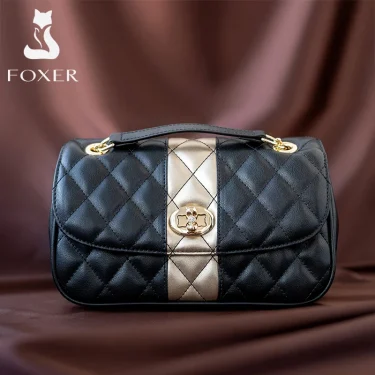 FOXER Women Crossbody Bag Diamond Lattice Handbag Lady Armpit Shoulder Bag Girl's Split Leather Chain Strap Black Messenger Bags 6