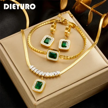 DIEYURO 316L Stainless Steel Luxury Non-fading Square Green Crystal Zircon Pendant Necklace Earrings Jewelry Set For Women Gifts 1