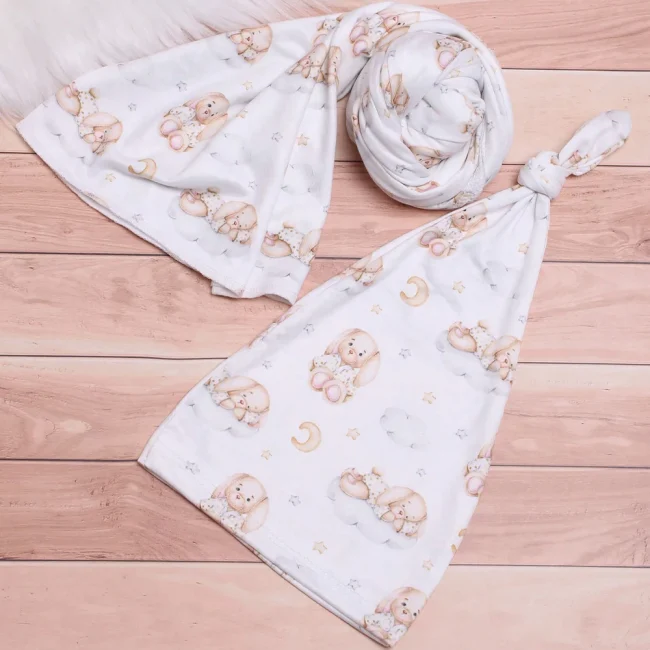 Ylsteed Bear Print Newborn Photography Wrap Blankets Matching With Hats Infant Photography Props Cartoon Picture Shoot Swaddle 2
