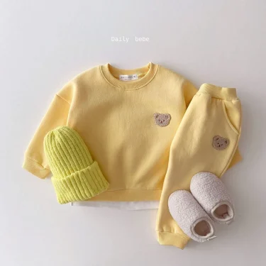 Baby Bear Embroidery Fleece Pullover Set Sweatshirt Tops+Harem Jogger Pants Suits 2pcs Girls Boys Lined Clothes 1