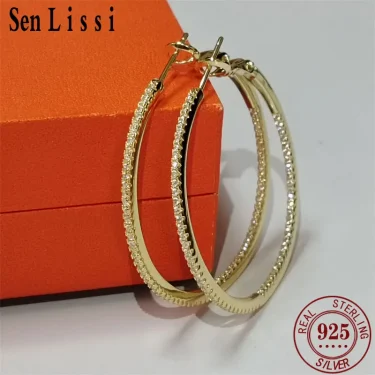 Senlissi -18 K Gold diamond Hoop Earrings For Women 925 Sterling Silver Original Fashion Earring Cерьги Kольца Rings Real gold 1