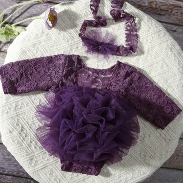 Ylsteed 2 Pieces Set Dusty Pink Newborn Lace Romper for Photo Shooting Fluffy Mesh Lace Photography Outfits with Headband 5