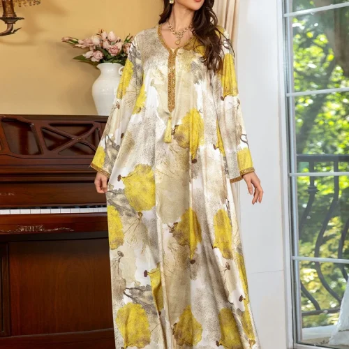 Siskakia Muslim Eid Women Satin Printing V-Neck Maxi Long Dresses Turkish African Saudi Fashion Diamonds Abayas Moroccan Kaftan 1