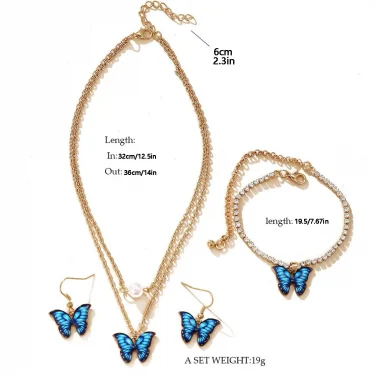 3pcs Butterfly Pendant Necklace, Earrings and Bracelet Combination Set, Suitable for Women to Wear at Parties 6