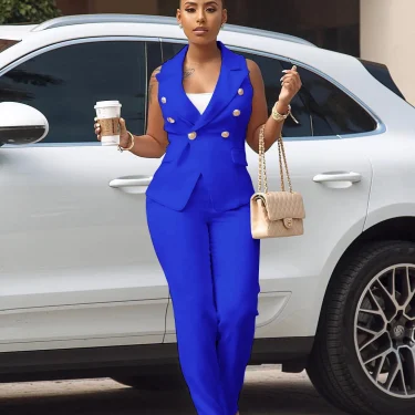 2022 Women Summer Sleeveless Notch Neck Blazers Long Pants Suit Two Piece Set Vintage Office Lady Tracksuit Outfit Overall 3