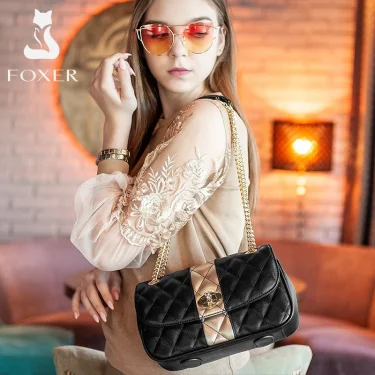 FOXER Women Crossbody Bag Diamond Lattice Handbag Lady Armpit Shoulder Bag Girl's Split Leather Chain Strap Black Messenger Bags 2